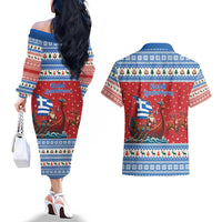 Greece Viking Santa Christmas Couples Matching Off The Shoulder Long Sleeve Dress and Hawaiian Shirt Funny Reindeer Norse Xmas - Wonder Print Shop