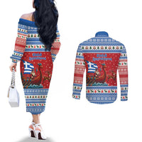 Greece Viking Santa Christmas Couples Matching Off The Shoulder Long Sleeve Dress and Long Sleeve Button Shirt Funny Reindeer Norse Xmas - Wonder Print Shop