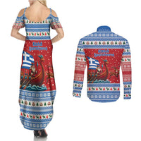Greece Viking Santa Christmas Couples Matching Summer Maxi Dress and Long Sleeve Button Shirt Funny Reindeer Norse Xmas - Wonder Print Shop