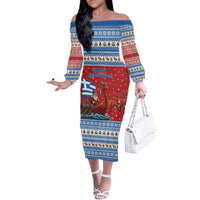 Greece Viking Santa Christmas Family Matching Off The Shoulder Long Sleeve Dress and Hawaiian Shirt Funny Reindeer Norse Xmas - Wonder Print Shop