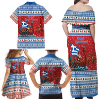 Greece Viking Santa Christmas Family Matching Off Shoulder Maxi Dress and Hawaiian Shirt Funny Reindeer Norse Xmas - Wonder Print Shop