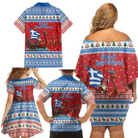 Greece Viking Santa Christmas Family Matching Off Shoulder Short Dress and Hawaiian Shirt Funny Reindeer Norse Xmas - Wonder Print Shop