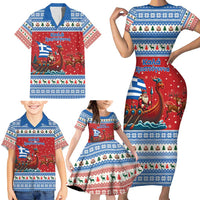 Greece Viking Santa Christmas Family Matching Short Sleeve Bodycon Dress and Hawaiian Shirt Funny Reindeer Norse Xmas - Wonder Print Shop