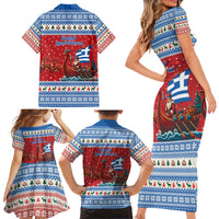 Greece Viking Santa Christmas Family Matching Short Sleeve Bodycon Dress and Hawaiian Shirt Funny Reindeer Norse Xmas - Wonder Print Shop