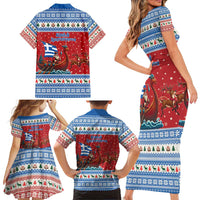 Greece Viking Santa Christmas Family Matching Short Sleeve Bodycon Dress and Hawaiian Shirt Funny Reindeer Norse Xmas - Wonder Print Shop