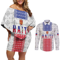 Custom Haiti Football Couples Matching Off Shoulder Short Dress and Long Sleeve Button Shirt National Flag Design - Wonder Print Shop