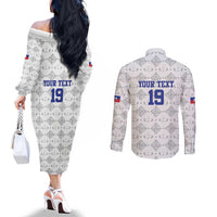 Custom Haiti Football Couples Matching Off The Shoulder Long Sleeve Dress and Long Sleeve Button Shirt National Flag Design - Wonder Print Shop