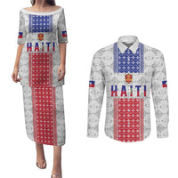 Custom Haiti Football Couples Matching Puletasi and Long Sleeve Button Shirt National Flag Design - Wonder Print Shop