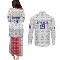Custom Haiti Football Couples Matching Puletasi and Long Sleeve Button Shirt National Flag Design - Wonder Print Shop