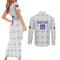 Custom Haiti Football Couples Matching Short Sleeve Bodycon Dress and Long Sleeve Button Shirt National Flag Design - Wonder Print Shop
