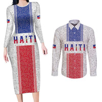 Custom Haiti Football Couples Matching Long Sleeve Bodycon Dress and Long Sleeve Button Shirt Paisley Flag Pattern Design - Wonder Print Shop