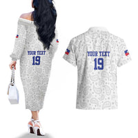 Custom Haiti Football Couples Matching Off The Shoulder Long Sleeve Dress and Hawaiian Shirt Paisley Flag Pattern Design - Wonder Print Shop