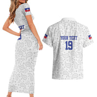 Custom Haiti Football Couples Matching Short Sleeve Bodycon Dress and Hawaiian Shirt Paisley Flag Pattern Design - Wonder Print Shop