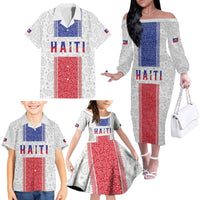 Custom Haiti Football Family Matching Off The Shoulder Long Sleeve Dress and Hawaiian Shirt Paisley Flag Pattern Design - Wonder Print Shop