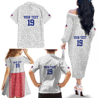Custom Haiti Football Family Matching Off The Shoulder Long Sleeve Dress and Hawaiian Shirt Paisley Flag Pattern Design - Wonder Print Shop