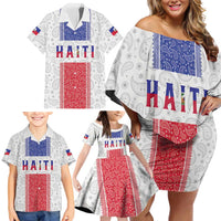 Custom Haiti Football Family Matching Off Shoulder Short Dress and Hawaiian Shirt Paisley Flag Pattern Design - Wonder Print Shop
