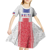 Custom Haiti Football Kid Short Sleeve Dress Paisley Flag Pattern Design - Wonder Print Shop