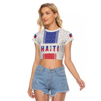 Custom Haiti Football Raglan Cropped T Shirt Paisley Flag Pattern Design - Wonder Print Shop