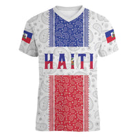 Custom Haiti Football Women V-Neck T-Shirt Paisley Flag Pattern Design - Wonder Print Shop