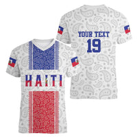 Custom Haiti Football Women V-Neck T-Shirt Paisley Flag Pattern Design - Wonder Print Shop