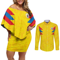 Colombia Rene Higuita Scorpion Kick Couples Matching Off Shoulder Short Dress and Long Sleeve Button Shirt Home Retro 1995 Goalkeeper Legend - Wonder Print Shop