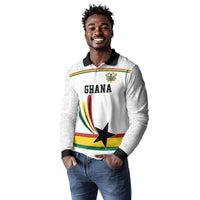 Custom World Football 2026 Ghana Long Sleeve Polo Shirt Black Star Adinkra Heritage White Version