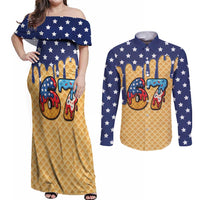 American Flag Ice Cream Drip Couples Matching Off Shoulder Maxi Dress and Long Sleeve Button Shirt 67 Meme Gen Alpha Slang Tee - Wonder Print Shop