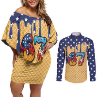 American Flag Ice Cream Drip Couples Matching Off Shoulder Short Dress and Long Sleeve Button Shirt 67 Meme Gen Alpha Slang Tee - Wonder Print Shop