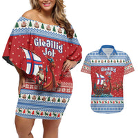 Faroe Islands Viking Santa Christmas Couples Matching Off Shoulder Short Dress and Hawaiian Shirt Funny Reindeer Norse Xmas - Wonder Print Shop