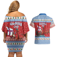 Faroe Islands Viking Santa Christmas Couples Matching Off Shoulder Short Dress and Hawaiian Shirt Funny Reindeer Norse Xmas - Wonder Print Shop