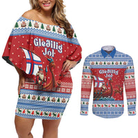 Faroe Islands Viking Santa Christmas Couples Matching Off Shoulder Short Dress and Long Sleeve Button Shirt Funny Reindeer Norse Xmas - Wonder Print Shop