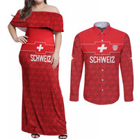Custom World Football 2026 Switzerland Couples Matching Off Shoulder Maxi Dress and Long Sleeve Button Shirt Schweiz Hopp Schwiiz - Wonder Print Shop