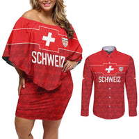 Custom World Football 2026 Switzerland Couples Matching Off Shoulder Short Dress and Long Sleeve Button Shirt Schweiz Hopp Schwiiz - Wonder Print Shop
