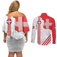 Italy Piedmont Couples Matching Off Shoulder Short Dress and Long Sleeve Button Shirt Map With Flag Style - Wonder Print Shop