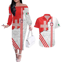 Italy Piedmont Couples Matching Off The Shoulder Long Sleeve Dress and Hawaiian Shirt Map With Flag Style - Wonder Print Shop