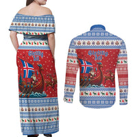 Iceland Viking Santa Christmas Couples Matching Off Shoulder Maxi Dress and Long Sleeve Button Shirt Funny Reindeer Norse Xmas - Wonder Print Shop