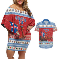 Iceland Viking Santa Christmas Couples Matching Off Shoulder Short Dress and Hawaiian Shirt Funny Reindeer Norse Xmas - Wonder Print Shop