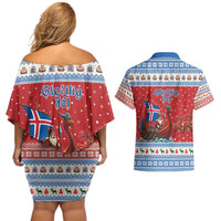 Iceland Viking Santa Christmas Couples Matching Off Shoulder Short Dress and Hawaiian Shirt Funny Reindeer Norse Xmas - Wonder Print Shop