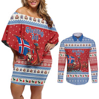 Iceland Viking Santa Christmas Couples Matching Off Shoulder Short Dress and Long Sleeve Button Shirt Funny Reindeer Norse Xmas - Wonder Print Shop
