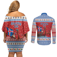 Iceland Viking Santa Christmas Couples Matching Off Shoulder Short Dress and Long Sleeve Button Shirt Funny Reindeer Norse Xmas - Wonder Print Shop