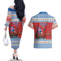 Iceland Viking Santa Christmas Couples Matching Off The Shoulder Long Sleeve Dress and Hawaiian Shirt Funny Reindeer Norse Xmas - Wonder Print Shop