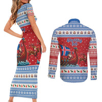 Iceland Viking Santa Christmas Couples Matching Short Sleeve Bodycon Dress and Long Sleeve Button Shirt Funny Reindeer Norse Xmas - Wonder Print Shop