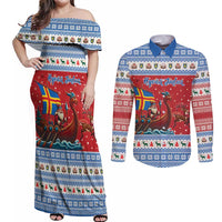 Aland Viking Santa Christmas Couples Matching Off Shoulder Maxi Dress and Long Sleeve Button Shirt Funny Reindeer Norse Xmas - Wonder Print Shop