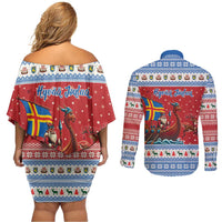 Aland Viking Santa Christmas Couples Matching Off Shoulder Short Dress and Long Sleeve Button Shirt Funny Reindeer Norse Xmas - Wonder Print Shop
