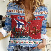 Finland Viking Santa Christmas Women Casual Shirt Funny Reindeer Norse Xmas - Wonder Print Shop