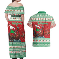 Wales Viking Santa Christmas Couples Matching Off Shoulder Maxi Dress and Hawaiian Shirt Funny Reindeer Norse Xmas - Wonder Print Shop