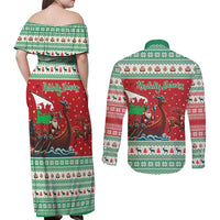 Wales Viking Santa Christmas Couples Matching Off Shoulder Maxi Dress and Long Sleeve Button Shirt Funny Reindeer Norse Xmas - Wonder Print Shop