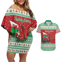 Wales Viking Santa Christmas Couples Matching Off Shoulder Short Dress and Hawaiian Shirt Funny Reindeer Norse Xmas - Wonder Print Shop