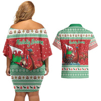 Wales Viking Santa Christmas Couples Matching Off Shoulder Short Dress and Hawaiian Shirt Funny Reindeer Norse Xmas - Wonder Print Shop