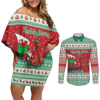 Wales Viking Santa Christmas Couples Matching Off Shoulder Short Dress and Long Sleeve Button Shirt Funny Reindeer Norse Xmas - Wonder Print Shop